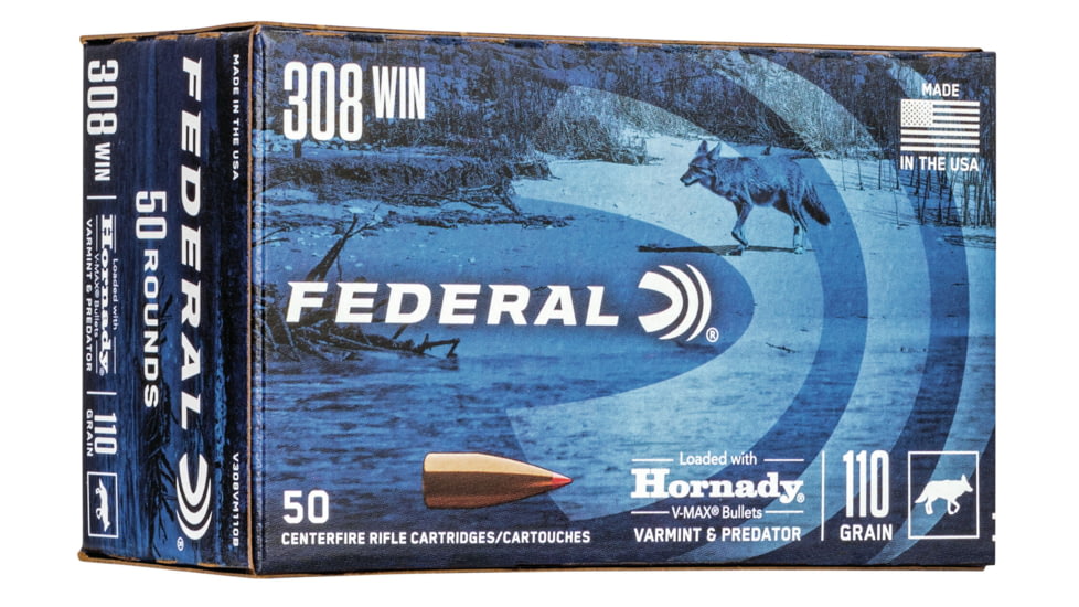 Federal Premium Varmint &amp; Predator Rifle Ammo, .308 Winchester, Hornady V-Max, 110 grain, 50 Rounds, V308VM110B