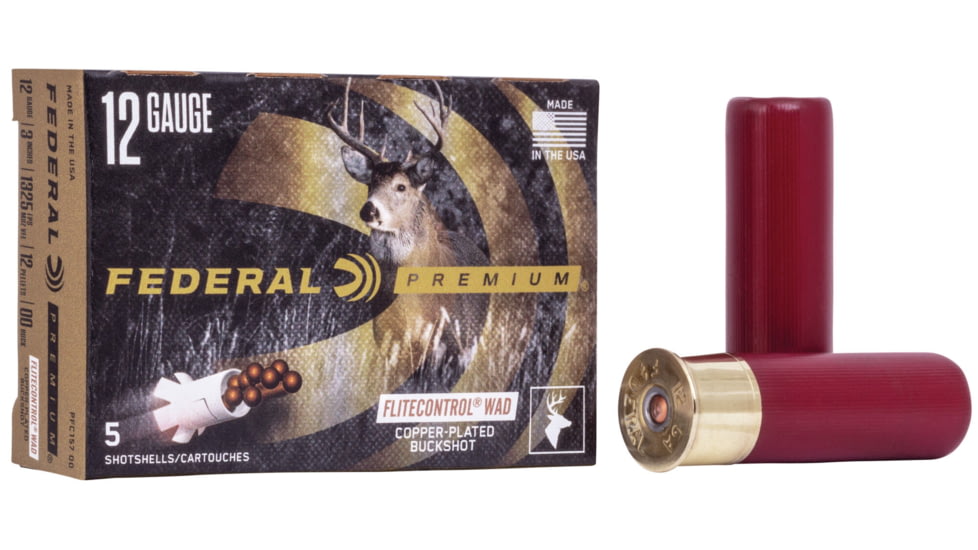 Federal Premium Vital Shok 12 Gauge 12 Pellets Buckshot with Flitecontrol Wad Centerfire Shotgun Ammo, 00 Buck Shot, 5 Rounds, PFC157 00