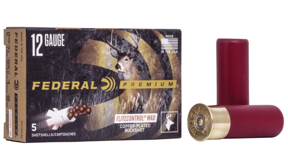 Federal Premium Vital Shok 12 Gauge 9 Pellets Buckshot with Flitecontrol Wad Centerfire Shotgun Ammo, 00 Buck Shot, 5 Rounds, PFC154 00