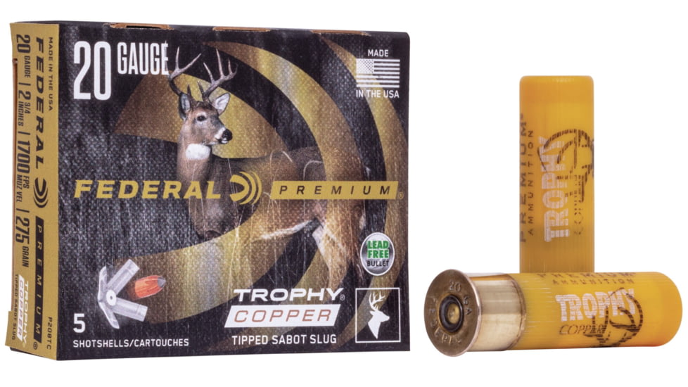 Federal Premium Vital Shok 20 Gauge 275gr oz Trophy Copper Sabot Slug Centerfire Shotgun Ammo, Slug Shot, 5 Rounds, P208 TC, P208 TC