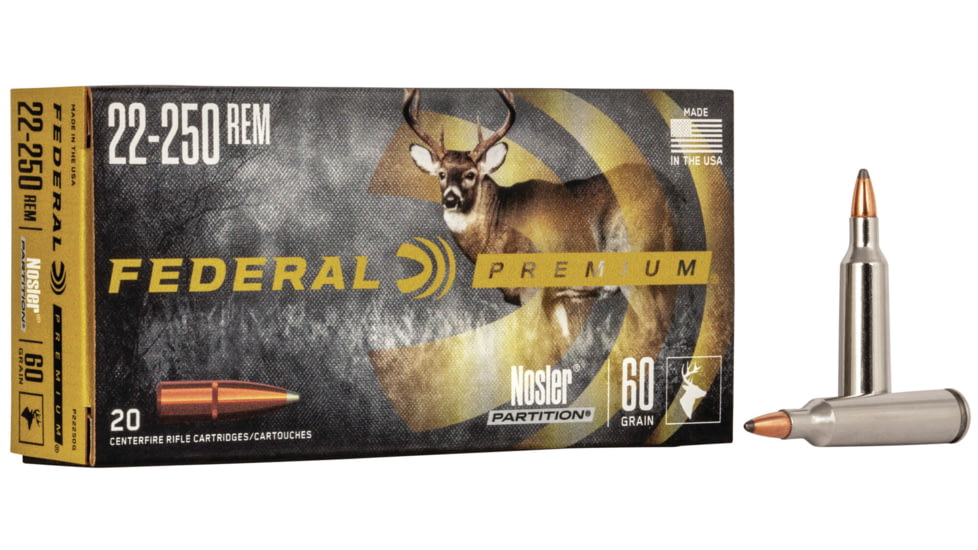Federal Premium Vital-Shok Rifle Ammo, .22-250 Remington, Nosler Partition, 60 grain, 20 Rounds, P22250G