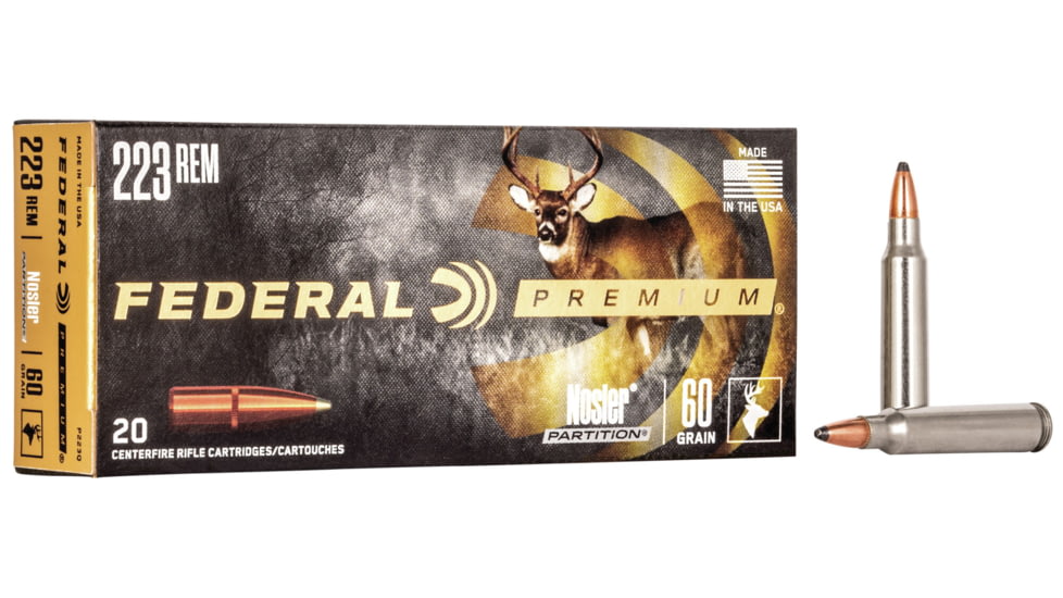 Federal Premium Vital-Shok Rifle Ammo, .223 Remington, Nosler Partition, 60 grain, 20 Rounds, P223Q