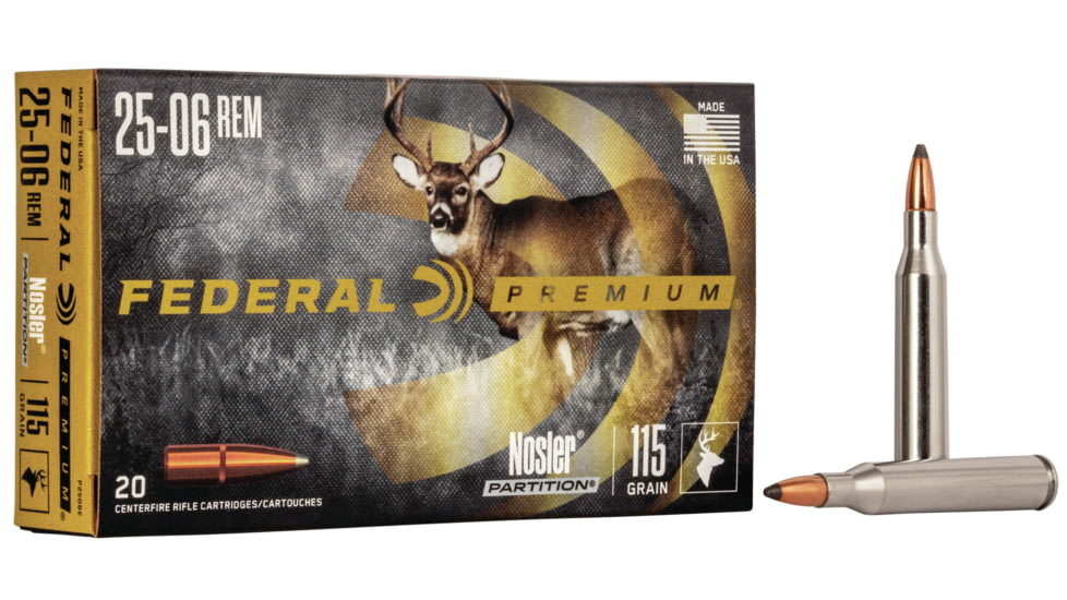 Federal Premium Vital-Shok Rifle Ammo, .25-06 Remington, Nosler Partition, 115 grain, 20 Rounds, P2506E