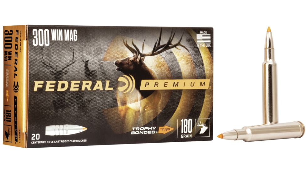 Federal Premium VITAL-SHOK .300 Winchester Magnum 180 Grain Trophy Bonded Tip Centerfire Rifle Ammo, 20 Rounds, P300WTT1