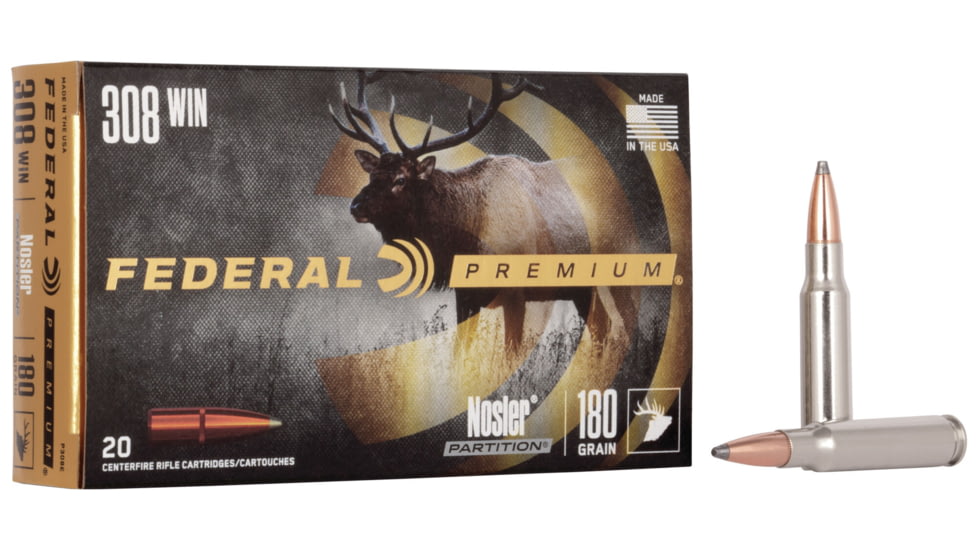 Federal Premium 308 Winchester 180 Grain Nosler Partition Rifle Ammo, 20 Rounds, P308E-20RD
