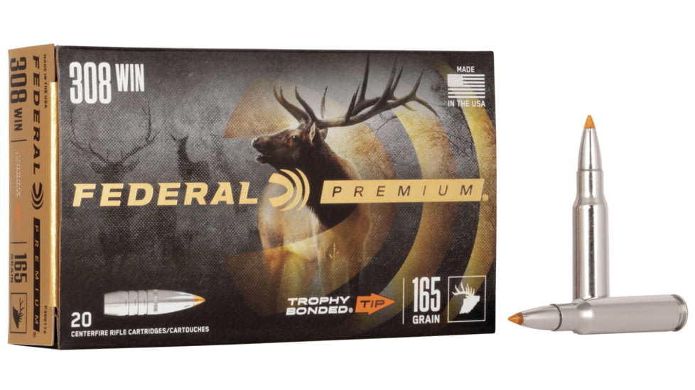 Federal Premium VITAL-SHOK .308 Winchester 165 Grain Trophy Bonded Tip Centerfire Rifle Ammo, 20 Rounds, P308TT2