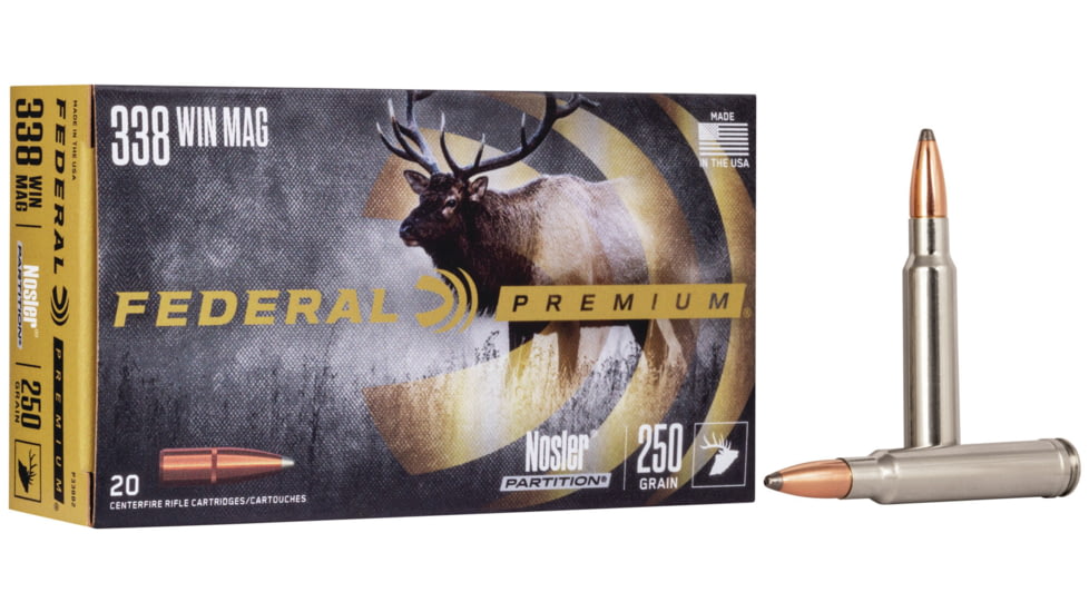 Federal Premium 338 Winchester Magnum 250 Grain Nosler Partition Rifle Ammo, 20 Rounds, P338B2