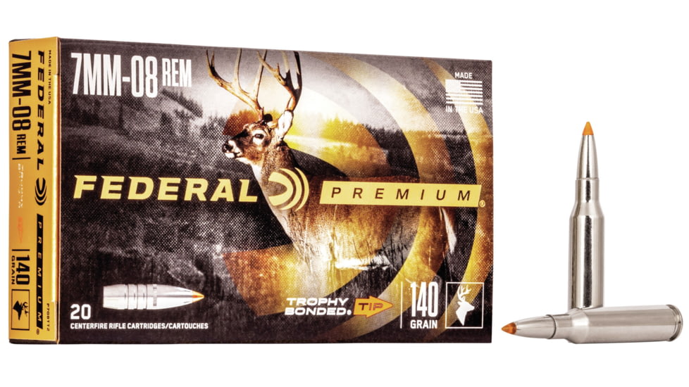 Federal Premium VITAL-SHOK Trophy Bonded Tip 7mm-08 140 Grain Polymer Tipped Boat Tail Rifle Ammo, 20 Rounds, P708TT2