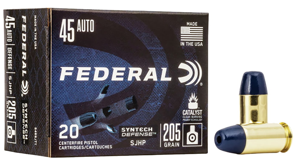 Federal Premium Syntech Defense 45 Auto 205 Grain Segmented Hollow Point Centerfire Pistol Ammo, 50 Rounds, S45SJT2