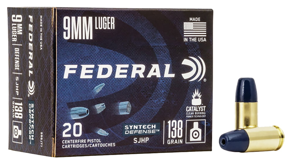 Federal Premium Syntech Defense 9 mm Luger 138 Grain Segmented Jacketed Hollow Point Brass Cased Pistol Ammo, 50 Rounds, S9SJT2