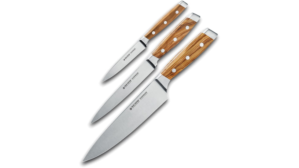 FELIX 3-Piece Olivewood Knife Set, Satin X50CrMoV15, 8in Blade Chef's/7in Blade Utility/4in Blade Paring, Olive Wood Handle, 830333