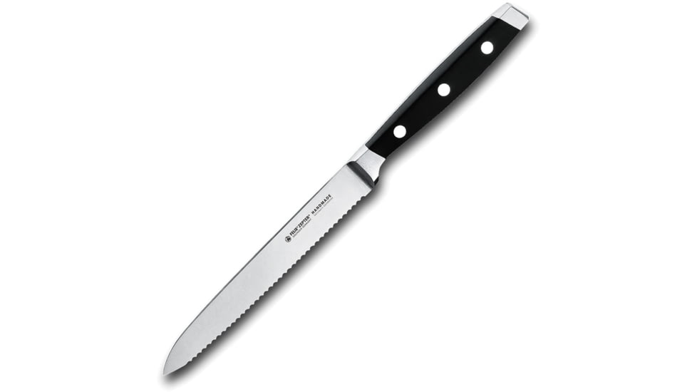 FELIX Tomato Knife, 9.25in Overall, 5in, Satin Finish Serrated X50CrMoV15 Stainless Blade, Black Plastic Handle, 813113