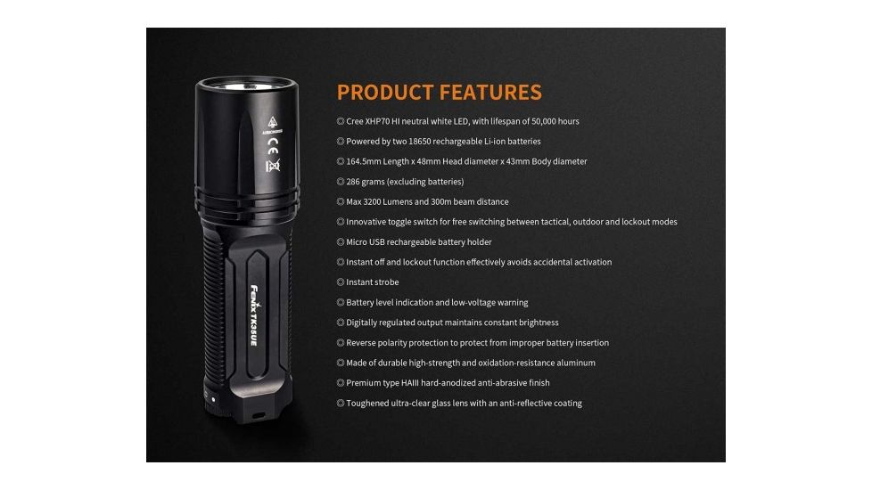 Fenix 2018 Ultimate Edition Multi-Functional Flashlight CREE XHP70 3200 Lumens, Black FENIX-TK35UE-2018
