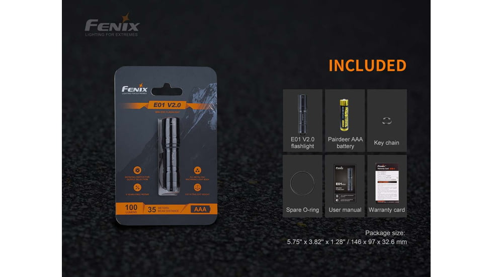 Fenix E01 V2, Flashlight, White LED, 100 Lumens, 2.62 Long, Anodized Finish, Black, Includes 1-AAA Battery