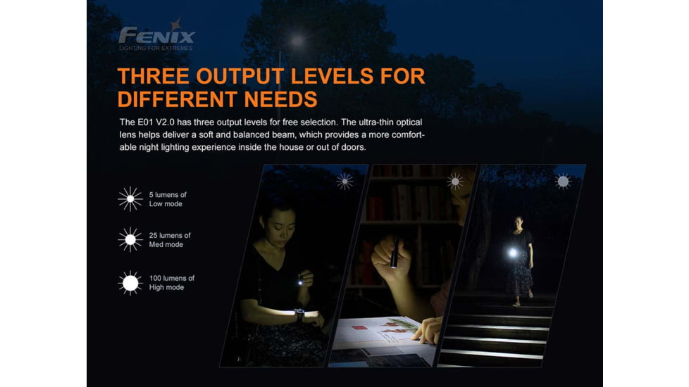 Fenix E01 V2, Flashlight, White LED, 100 Lumens, 2.62 Long, Anodized Finish, Black, Includes 1-AAA Battery