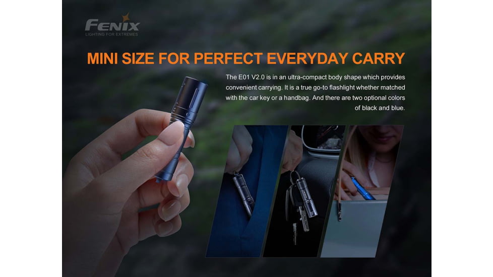 Fenix E01 V2, Flashlight, White LED, 100 Lumens, 2.62 Long, Anodized Finish, Black, Includes 1-AAA Battery