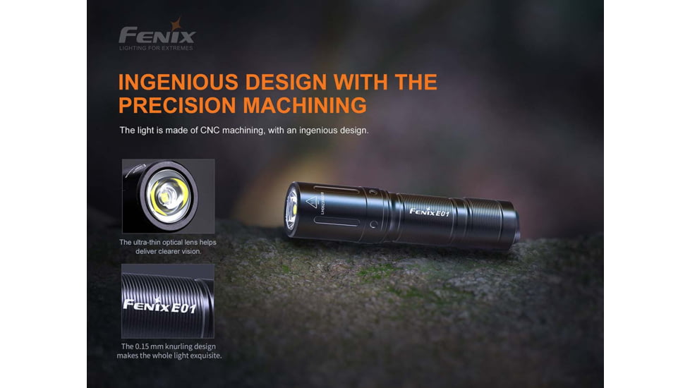 Fenix E01 V2, Flashlight, White LED, 100 Lumens, 2.62 Long, Anodized Finish, Black, Includes 1-AAA Battery