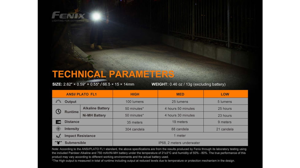 Fenix E01 V2, Flashlight, White LED, 100 Lumens, 2.62 Long, Anodized Finish, Black, Includes 1-AAA Battery