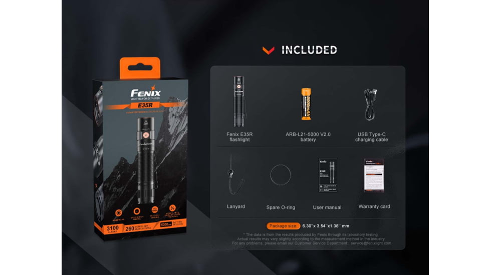 Fenix E35R, Flashlight, White LED, 3,100 Lumens, 4.72 Long, Anodized Finish, Black, Includes Rechargeable ARB-L21-5000 Battery and USB Type-C Charging Cable