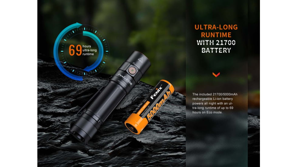 Fenix E35R, Flashlight, White LED, 3,100 Lumens, 4.72 Long, Anodized Finish, Black, Includes Rechargeable ARB-L21-5000 Battery and USB Type-C Charging Cable