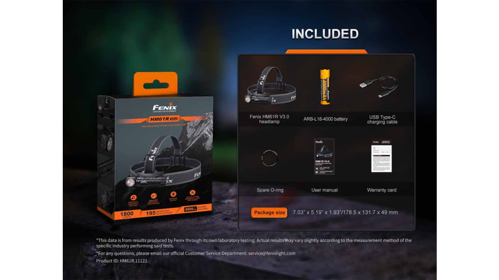 Fenix HM61RV3, Headlamp, White LED, 1,800 Lumens, Matte Finish, Black, Includes Headband and Rechargeable ARB-L18-4000 Battery