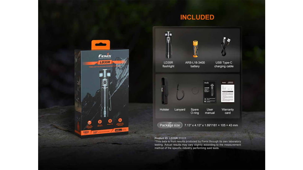 Fenix LD35R, Flashlight, White/Red/Blue LED, 1,800 Lumens, Anodized Finish, Black, Includes Rechargeable 18650 Battery and USB Type-C Charging Cable
