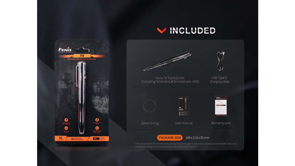 Fenix T6 Penlight, Tactical Pen with Flashlight, White LED, 80 Lumen, Anodized Finish, Black, Includes Built-in 100mAh Li-Polymer Battery and USB Type-C Charging Cable
