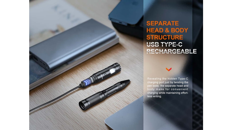 Fenix T6 Penlight, Tactical Pen with Flashlight, White LED, 80 Lumen, Anodized Finish, Black, Includes Built-in 100mAh Li-Polymer Battery and USB Type-C Charging Cable