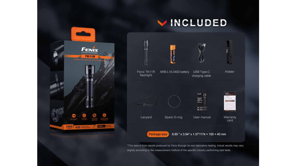 Fenix TK11R, Flashlight, White LED, 1,600 Lumens, Anodized Finish, Black, Includes Rechargeable 18650 Battery and USB Type-C Charging Cable