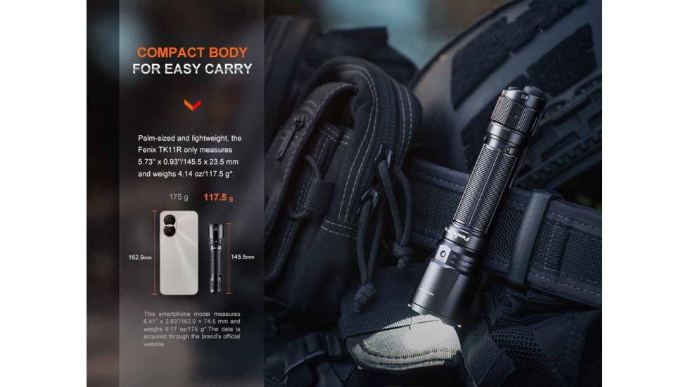 Fenix TK11R, Flashlight, White LED, 1,600 Lumens, Anodized Finish, Black, Includes Rechargeable 18650 Battery and USB Type-C Charging Cable