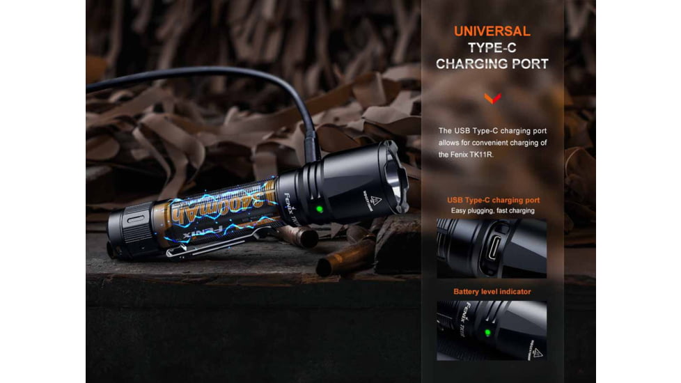Fenix TK11R, Flashlight, White LED, 1,600 Lumens, Anodized Finish, Black, Includes Rechargeable 18650 Battery and USB Type-C Charging Cable