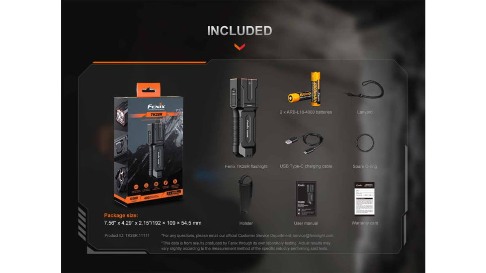 Fenix TK28R, Flashlight, White/Red LED, 6,500 Lumens, Anodized Finish, Black, Includes 2-Rechargeable 18650 Batteries and USB Type-C Charging Cable