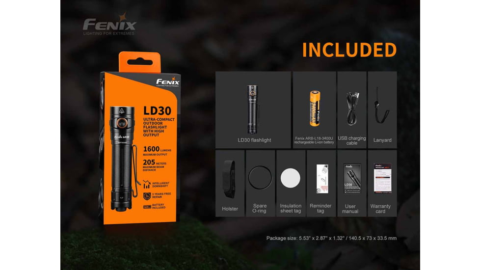 Fenix Lighting LD30 Lithium Ion 1600 Lumens Luminus SST40 LED Flashlight, Black, LD30XLBK-RB