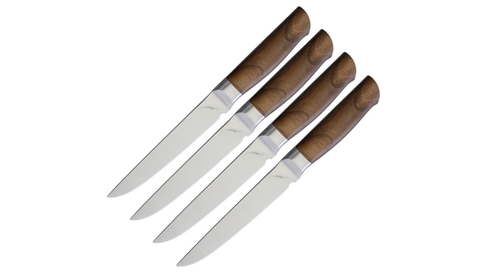 Ferrum Reserve 4pc Steak Set Kitchen Knives, 9in Overall, 5in Satin Steel Blade, Reclaimed Hardwood Handle, Set Of Four Steak Knives, Wooden Gift Box, RSRV-SET-0400