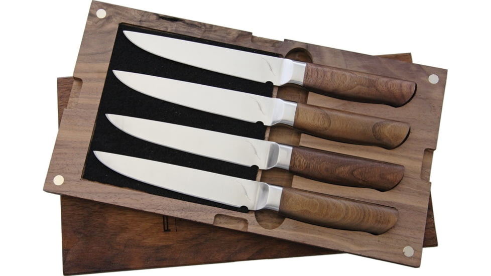 Ferrum Reserve 4pc Steak Set Kitchen Knives, 9in Overall, 5in Satin Steel Blade, Reclaimed Hardwood Handle, Set Of Four Steak Knives, Wooden Gift Box, RSRV-SET-0400