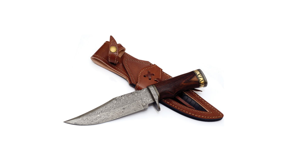 FH Knives Damascus Clip Point Bowie Knife, 11.75in Overall, 7in Damascus Steel Clip Point Blade, Brown Wood Handle, Leather Sheath, HFZBOWIE-001