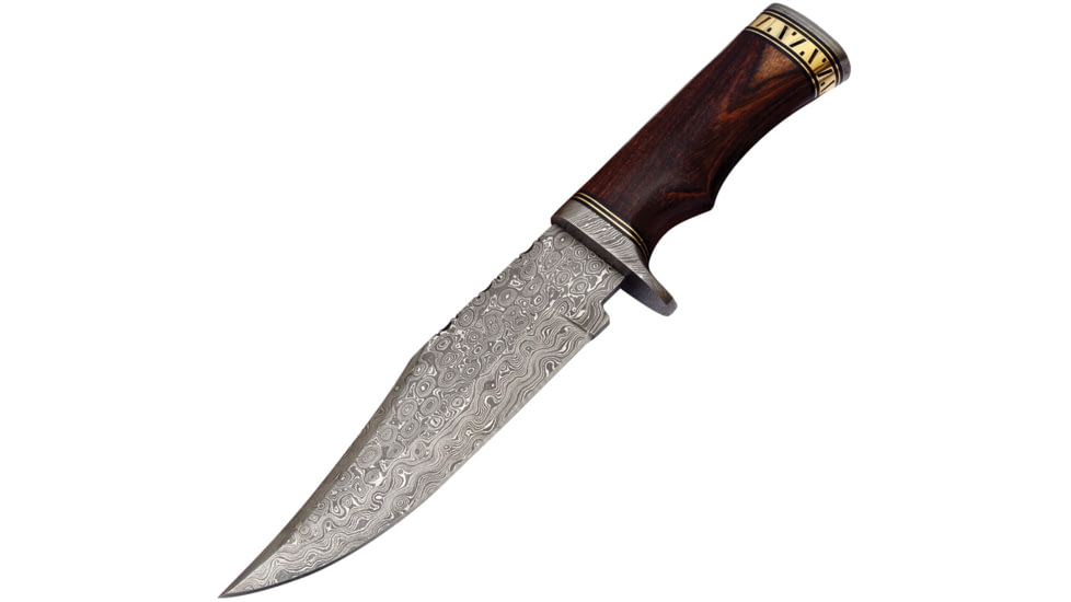 FH Knives Damascus Clip Point Bowie Knife, 11.75in Overall, 7in, Damascus Steel Clip Point Blade, Brown Wood Handle, Leather Sheath, HFZBOWIE-001