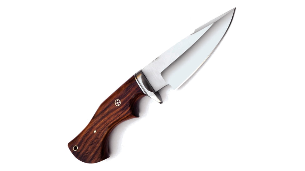FH Knives Fixed Blade Brown Wood Knife, 10.25in Overall, 5in Satin Stainless Blade, Brown Wood Handle, Leather Sheath, MLK-0002