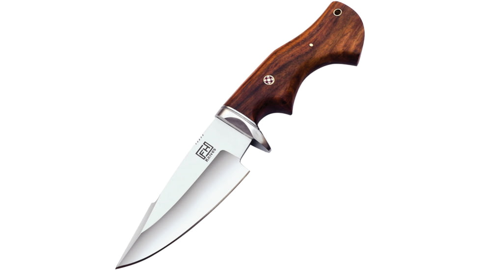 FH Knives Brown Wood Fixed Blade Knife, 10.25in Overall, 5in, Satin Stainless Blade, Brown Wood Handle, Leather Sheath, MLK-0002