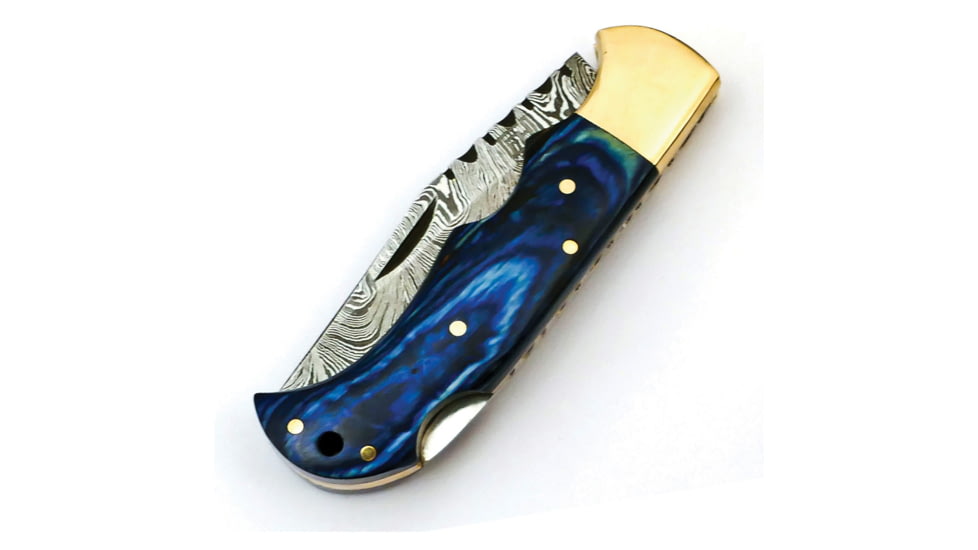 FH Knives Damascus Blue Folding Knife, 3.75in Closed, 2.75in Damascus Steel Clip Point Blade, Blue Pakkawood Handle, Leather Sheath, BLUE-001