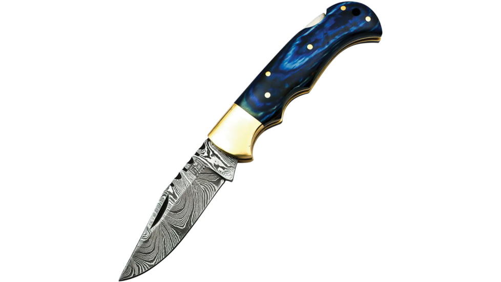 FH Knives Damascus Blue Folding Knife, 3.75in Closed, 2.75in, Damascus Steel Clip Point Blade, Blue Pakkawood Handle, Leather Sheath, BLUE-001