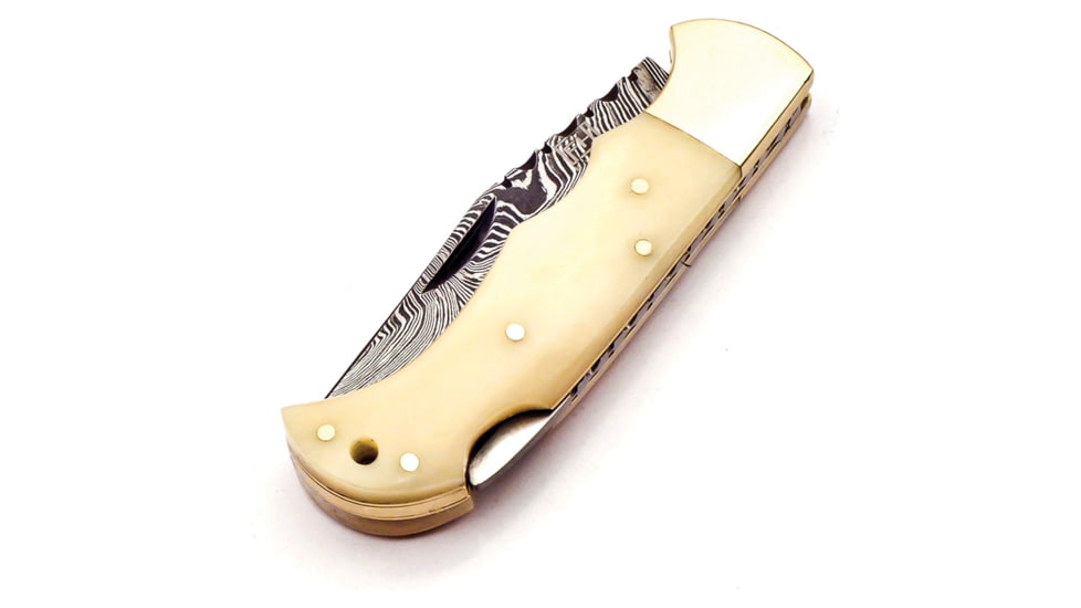 FH Knives Damascus Bone Folding Knife, 3.75in Closed, 2.75in Damascus Steel Clip Point Blade, Natural Smooth Bone Handle, Leather Sheath, BONE-001
