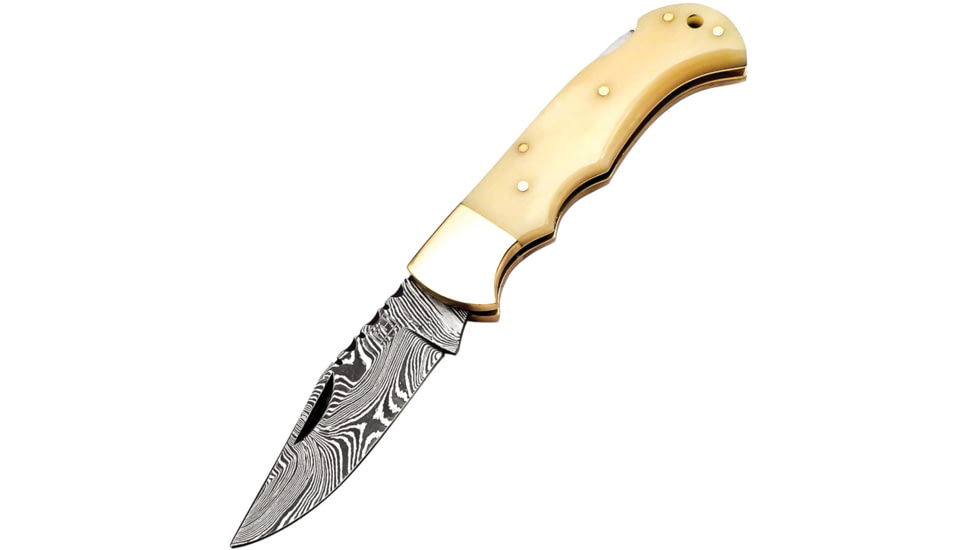 FH Knives Damascus Bone Folding Knife, 3.75in Closed, 2.75in, Damascus Steel Clip Point Blade, Natural Smooth Bone Handle, Leather Sheath, BONE-001