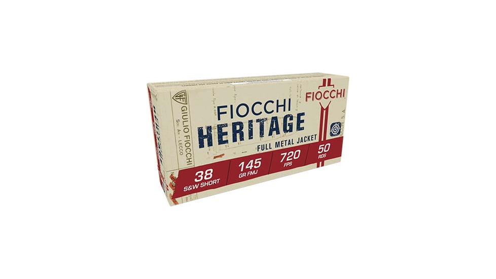 Fiocchi Cowboy Action Heritage .38 S&amp;W Short 145 Grain Full Metal Jacket Brass Cased Centerfire Pistol Ammo, 50 Rounds, 38SWSHA