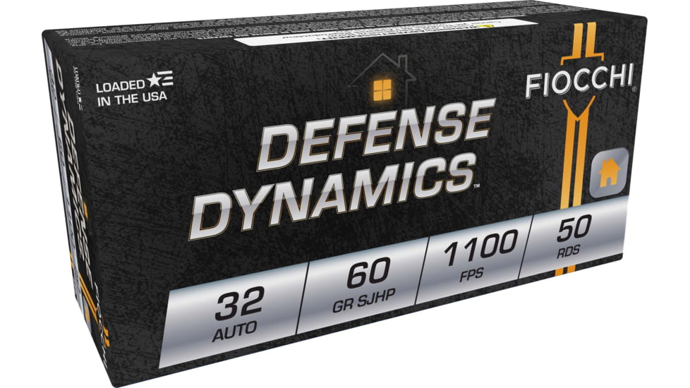 Fiocchi Defense Dynamic 32 Auto 60 Grain SJHP Brass Cased Pistol Ammo, 50 Rounds, 32APHP