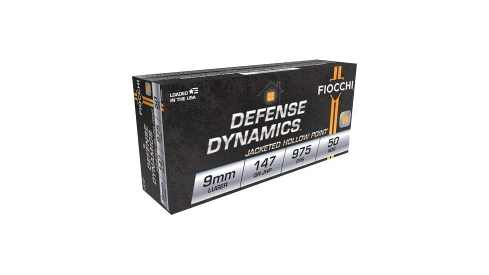 Fiocchi Defense Dynamics 9mm 147 Grain JHP Brass Cased Pistol Ammo, 50 Rounds, 9APDHP
