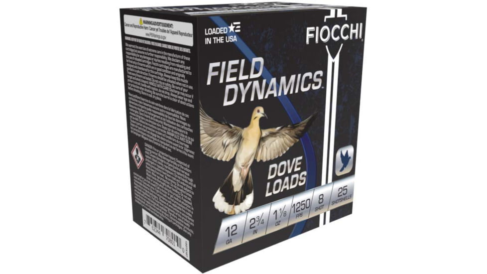 Fiocchi Dove/Quail 12 Gauge 1 1/8oz 2-3/4in Shotgun Ammo, #8, 25 Rounds, 12GTX188