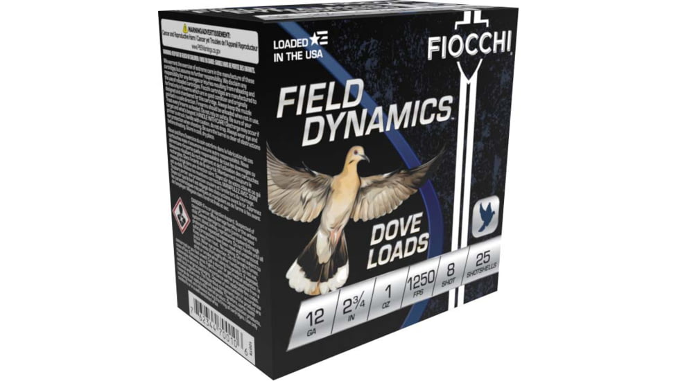 Fiocchi Dove/Quail 12 Gauge 1oz 2.75in 8 Size Shotgun Ammo, 25 Rounds, 12GT8