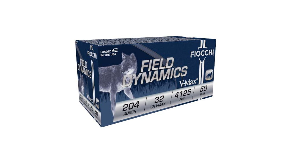 Fiocchi Field Dynamics 204 Ruger 32 Grain VMAX Brass Rifle Ammo, 50 Rounds, 204HVA