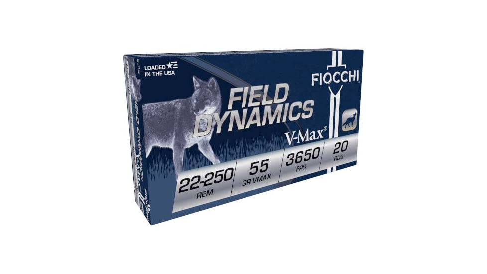Fiocchi Field Dynamics .22-250 Remington 55 Grain VMAX Brass Rifle Ammo, 20 Rounds, 22250HVD